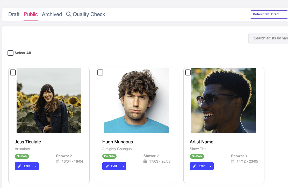 Artist management screenshot from Funny Little Shows