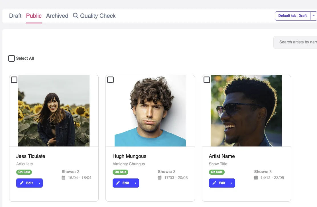 Artist and show management screen in the Funny Little Shows dashboard