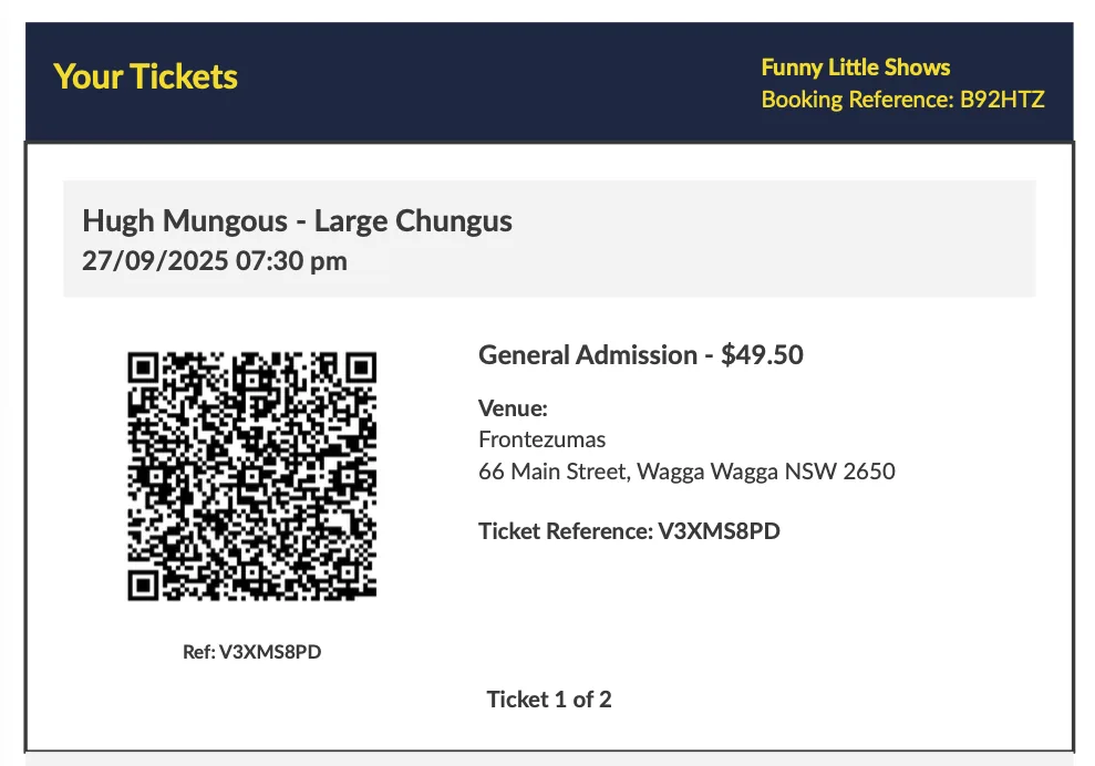 Sample QR code e-ticket issued by Funny Little Shows ticketing