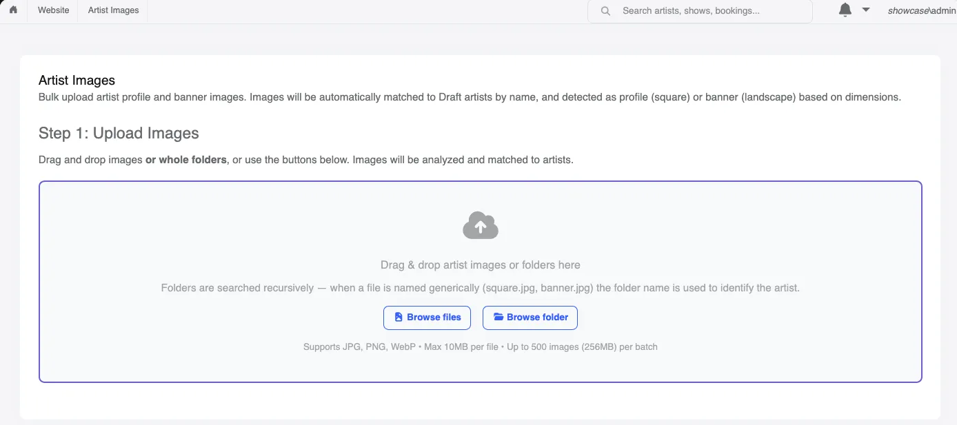 Screenshot of the Artist Images upload area