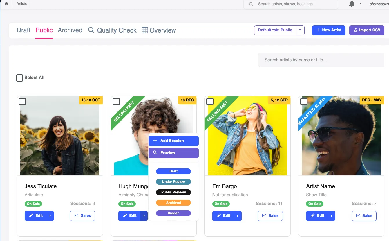 Screenshot of the Artist card menu