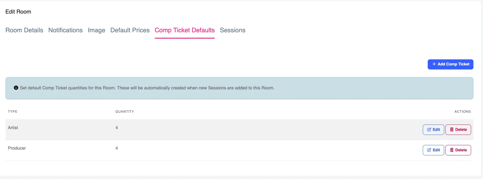 Screenshot of Room level Comp Ticket default rules