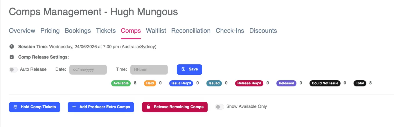 Screenshot of the Session page, Comps tab