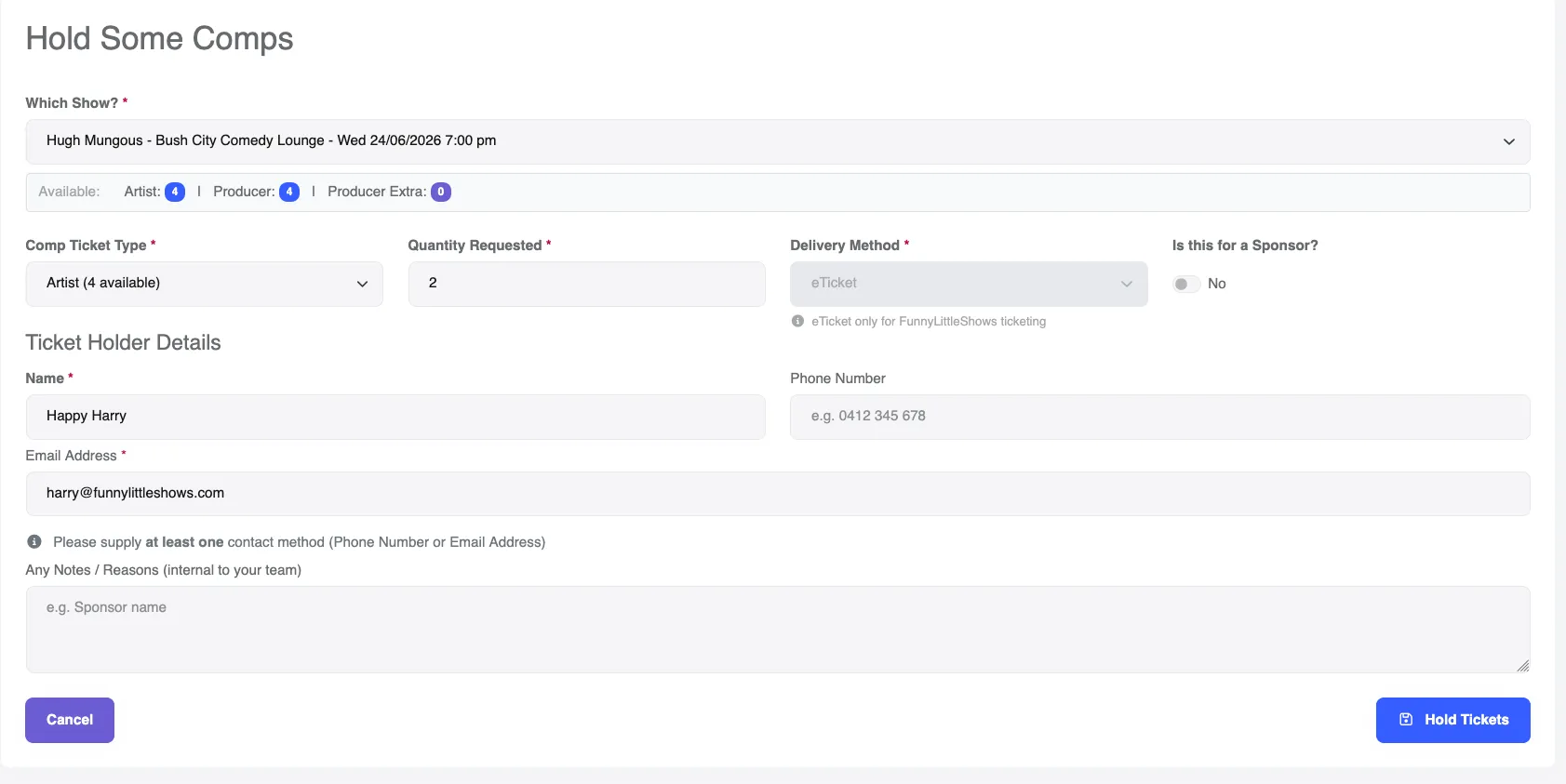 Screenshot of the Hold Comp Tickets page