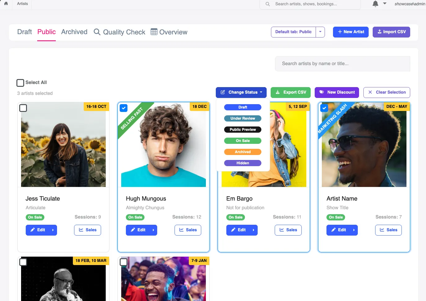Screenshot of selecting multiple artist cards
