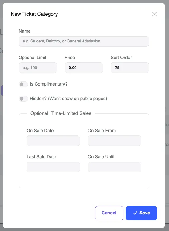 Screenshot of new Ticket Category dialog