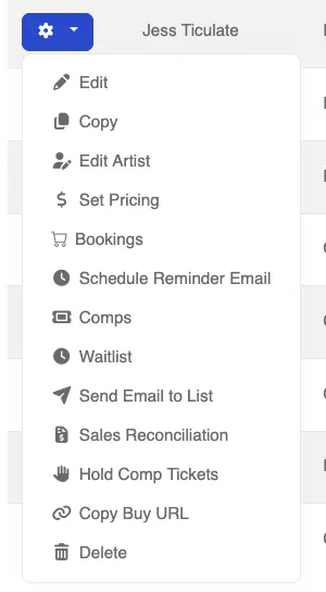 Screenshot of the Sessions action menu from the grid listing sessions
