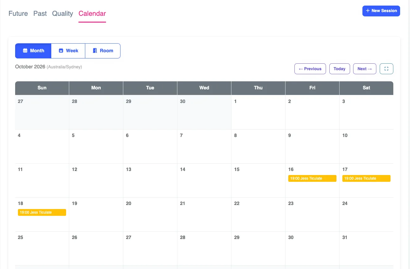 Screenshot of the Sessions Calendar tab for another layout of Session scheduling