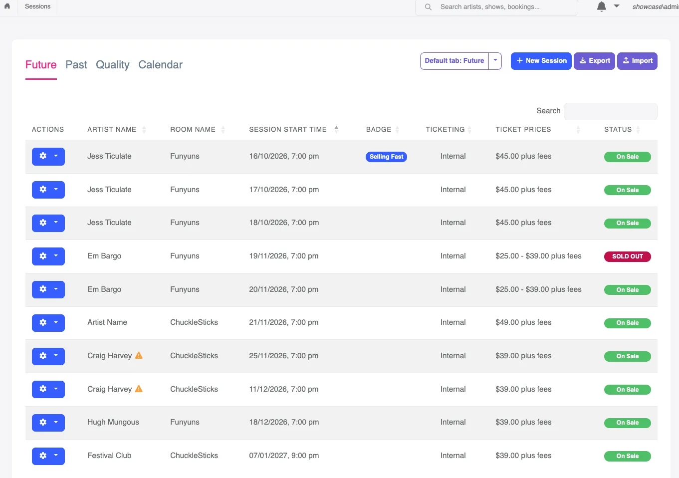 Screenshot of the Sessions Future tab