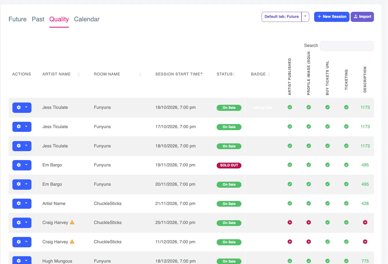 Screenshot of the Sessions Quality tab