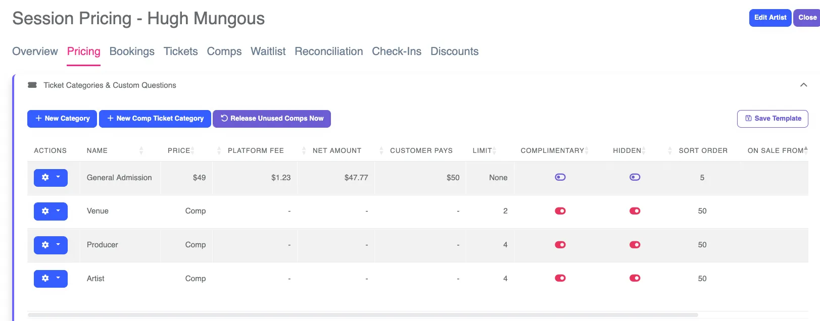 Screenshot of ticket categories with three types of Comp Tickets