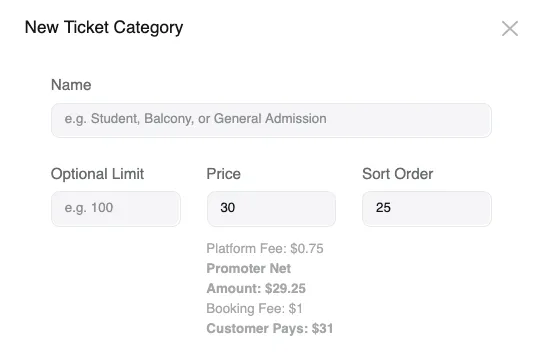 Screenshot of ticket category price