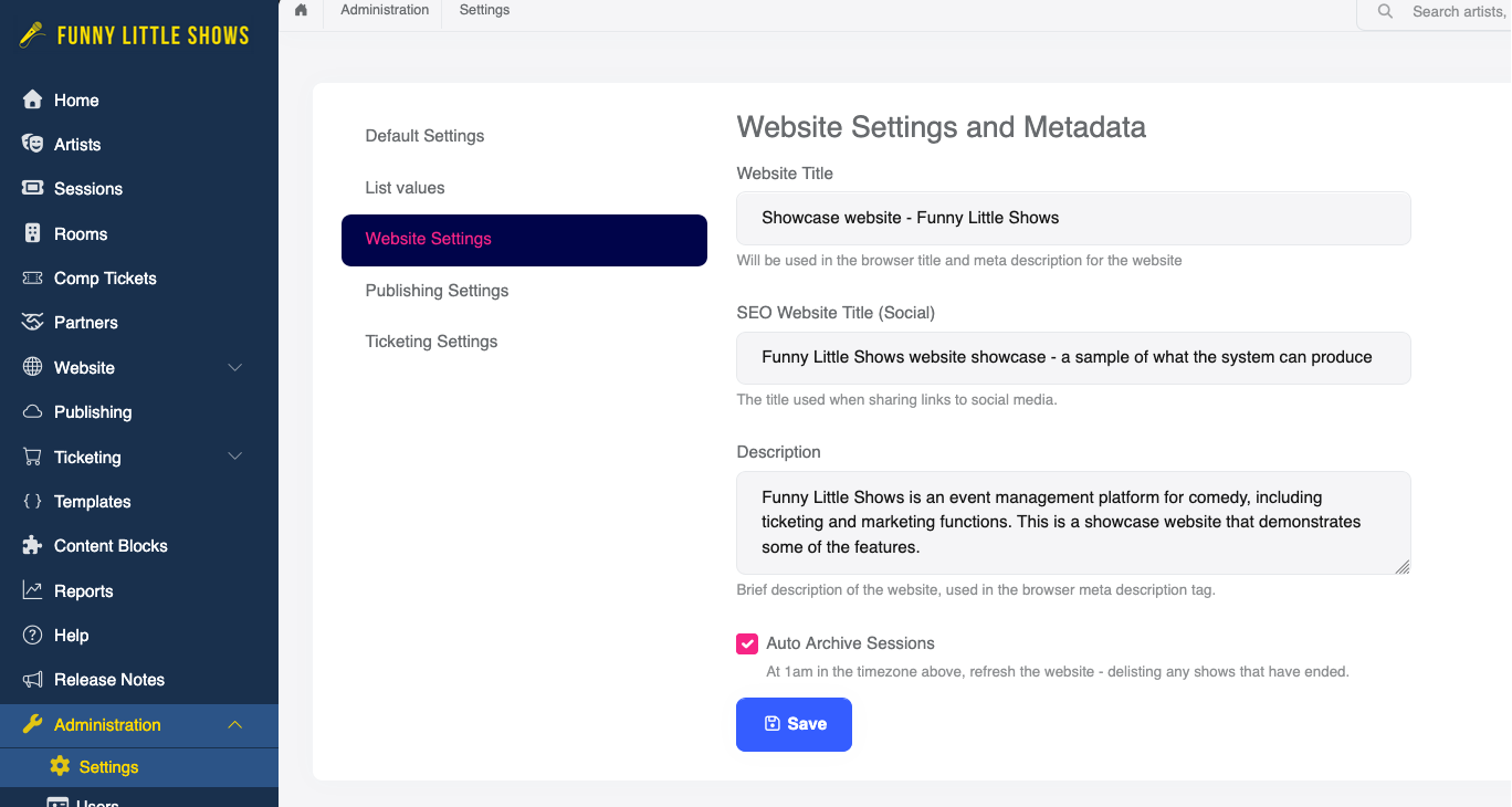 Website Settings page screenshot